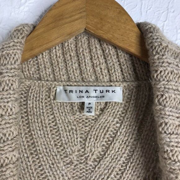 Trina Turk Petite Beige Cardigan Sweater Alpaca Cable Knit Short Sleeve Sz P - Picture 2 of 12